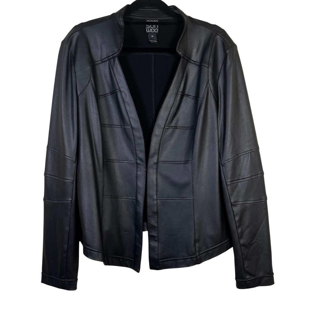 Clara Sunwoo Black Faux Liquid Leather Open Front Moto Jacket M Biker Edgy
